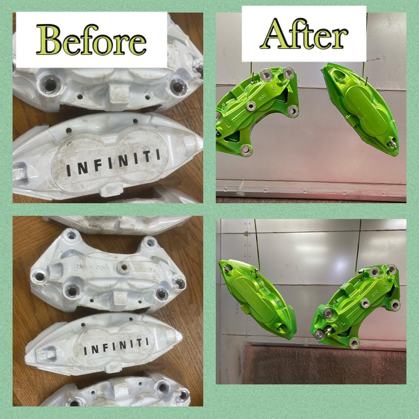 Infiniti brake calipers before and after powder coating — corroded white to bright lime green