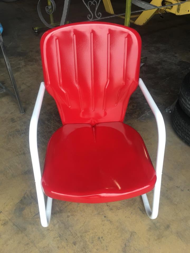 Vintage metal motel chair after, glossy red seat with white frame