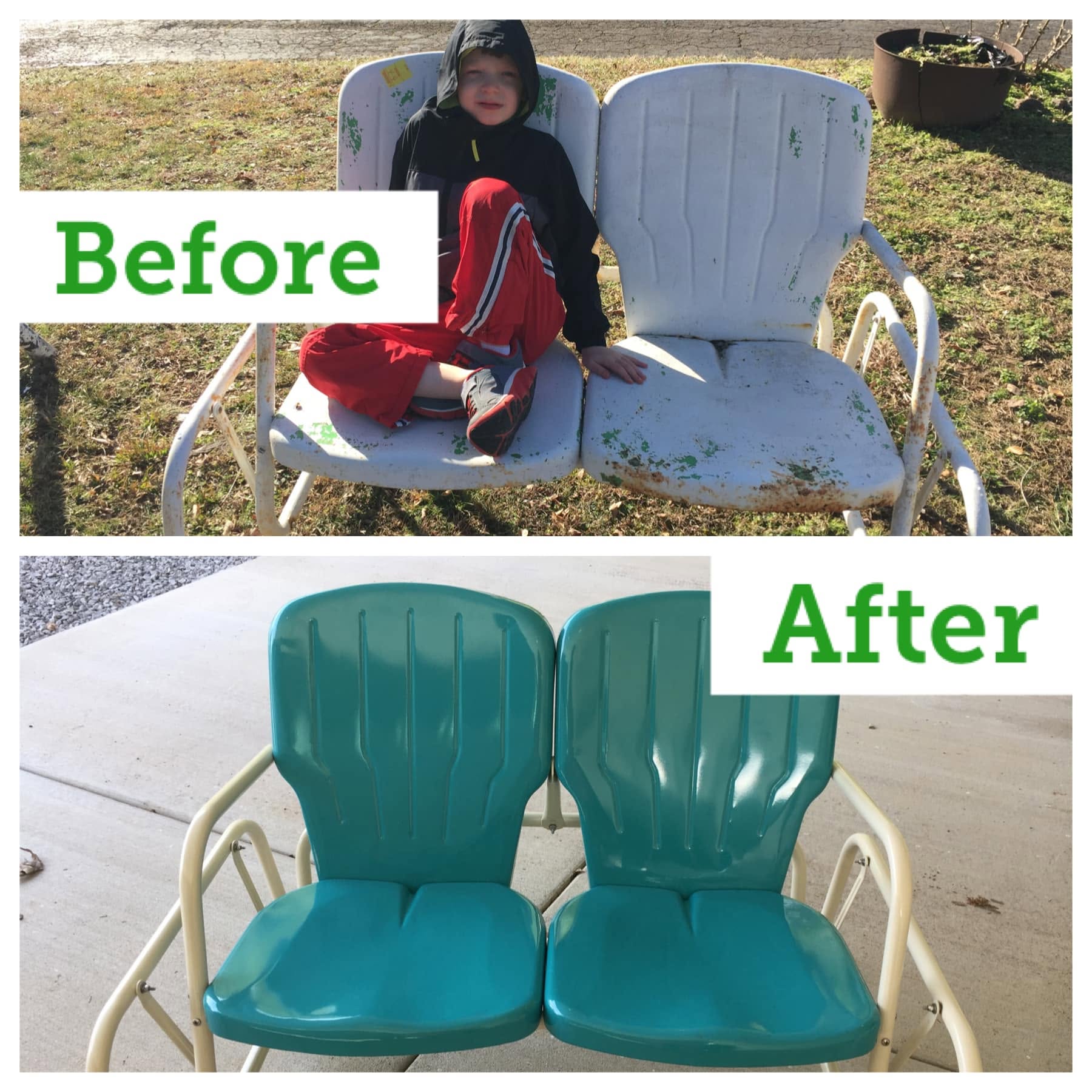 Pair of metal patio chairs before and after — worn white to teal