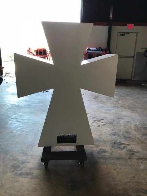 Large wrought-iron cross powder-coated gloss white by Superior Powder Coating, Clarksville TN