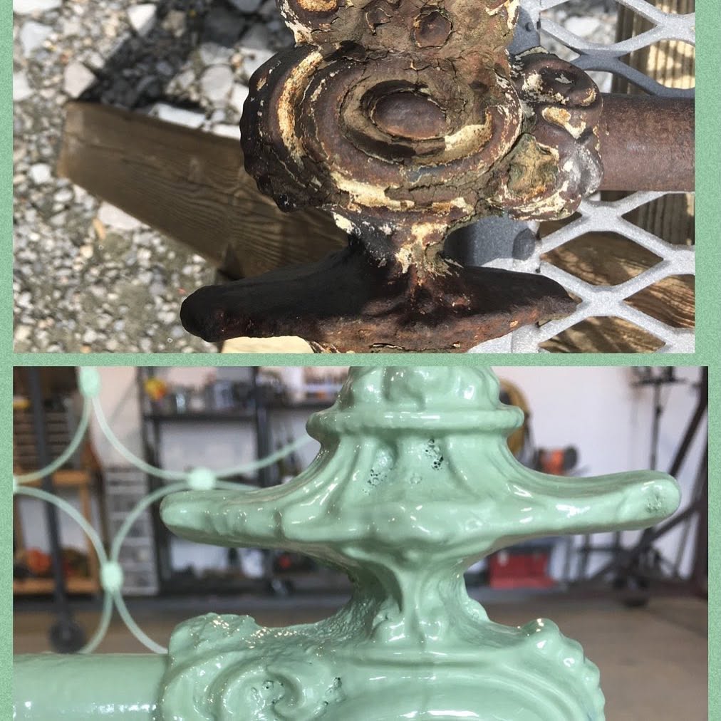 Ornate cast ironwork before and after — heavy rust to glossy mint green