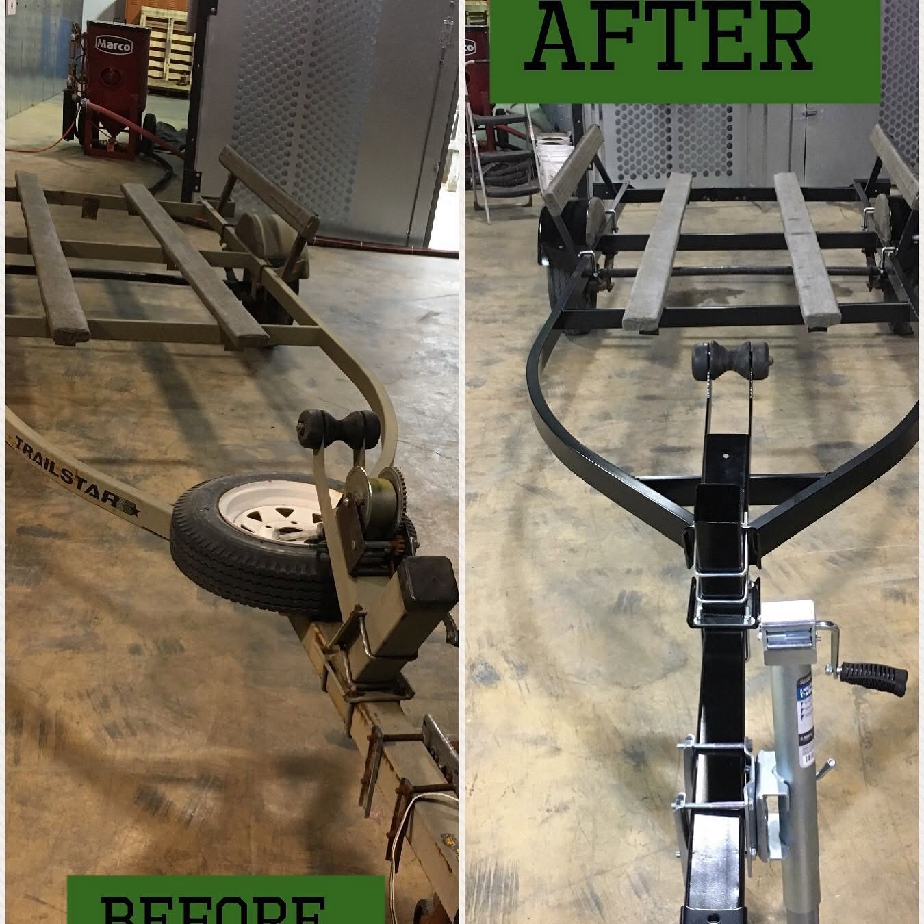 Boat trailer frame before and after — rusty to gloss black