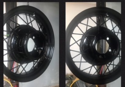 Pair of vintage wire-spoke wheels powder-coated gloss black by Superior Powder Coating