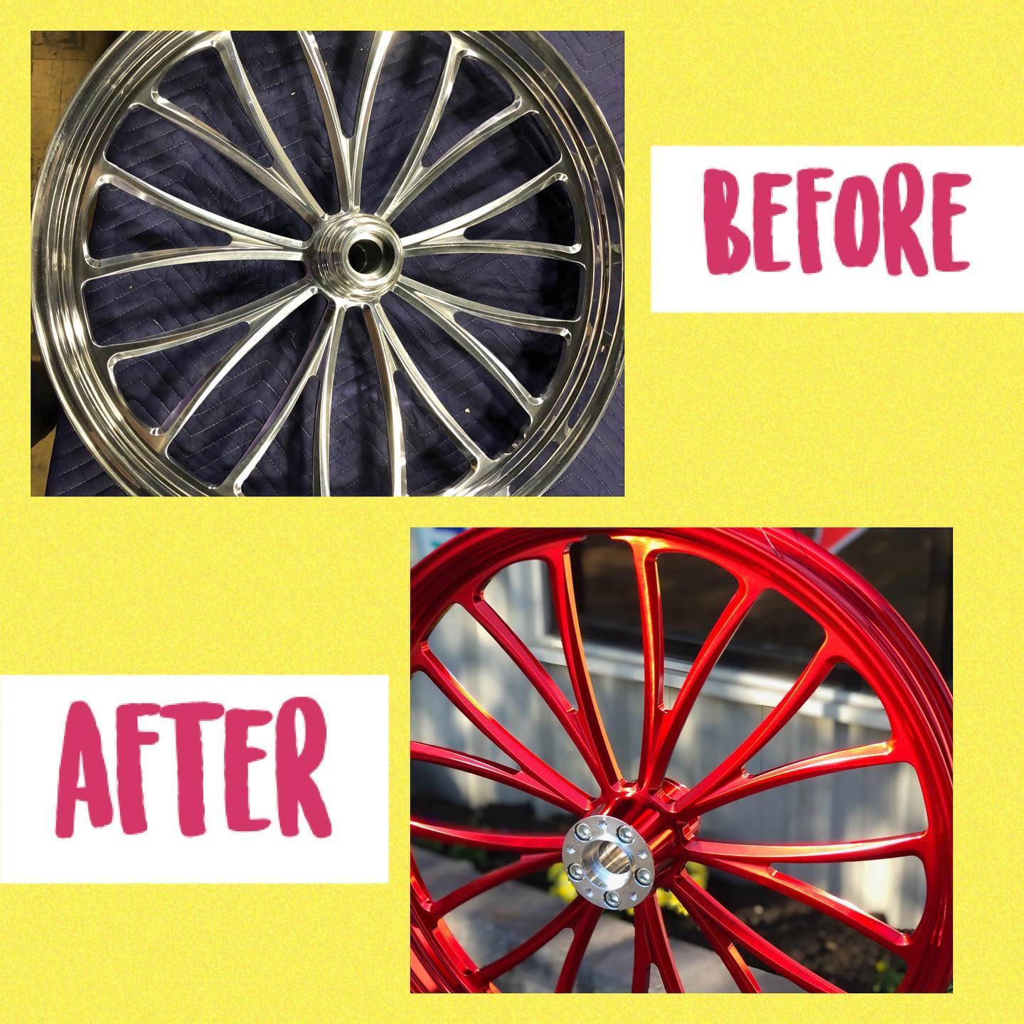 Custom billet motorcycle wheel before and after — polished aluminum to candy red