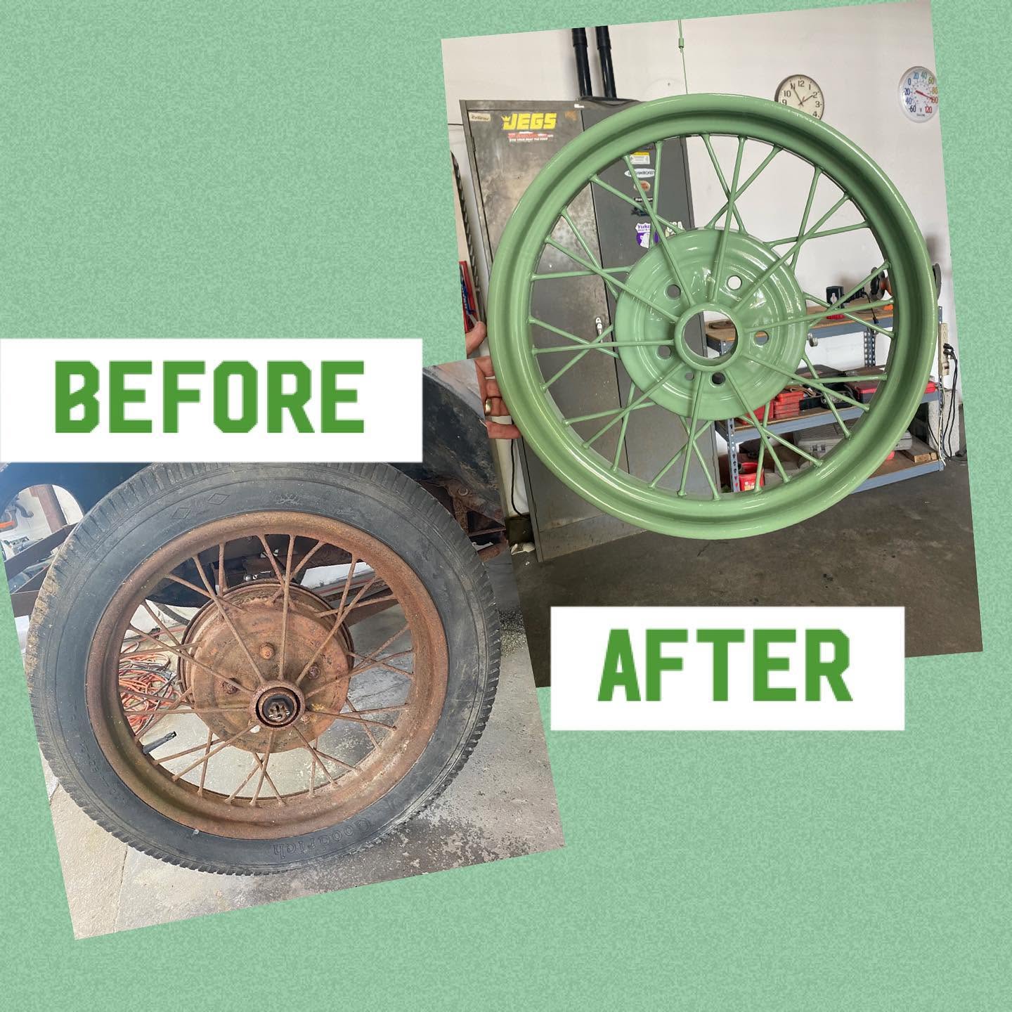Vintage spoke wheel before and after — rusty to sage green