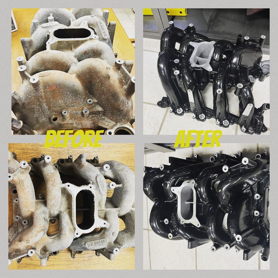 Before and after: Ford intake manifold restored and powder-coated gloss black by Superior Powder Coating, Clarksville TN